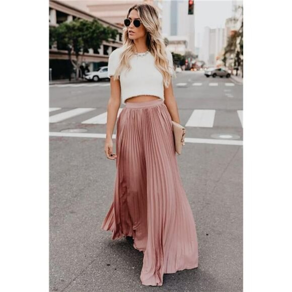 High Waist Pleated Chiffon Maxi Skirt Flowy Long Boho Skirt - Picture 2 of 6